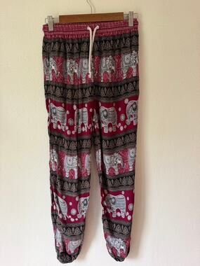 Black White Striped Elephant Print Harem Boho Flowy Festival Pants Size Medium